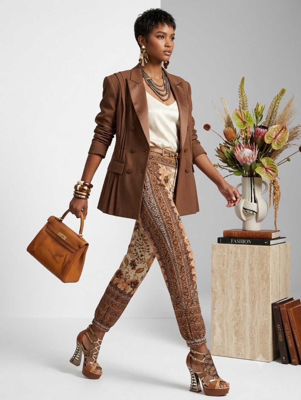 Anthropologie ✨️ Women's Linen Cream and Brown Floral Pants Size 2
